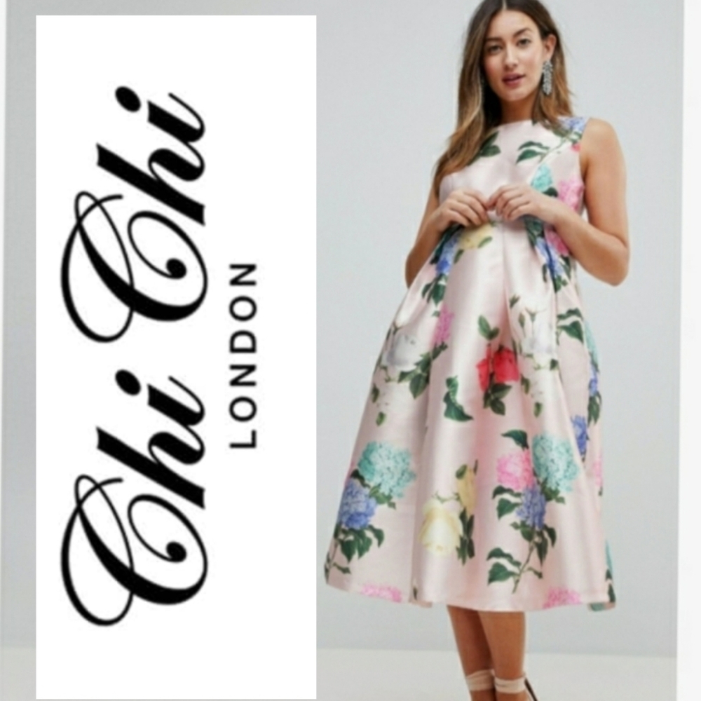 Chi chi London Maternity Printed SATIN Midi Floral Dress